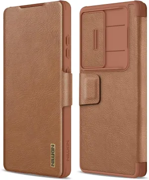 Nillkin for Samsung Galaxy S25 Ultra Wallet Case with Card Holder and Camera Cover, PU Leather Case with Magnetic Flip Cover, Card Slot, Slide Camera Protection, Brown
