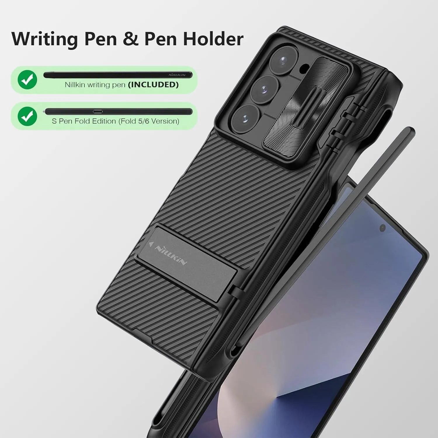 Nillkin for Z Fold 6 S Pen Case, [Built-in Writing Pen & S Pen Holder & Kickstand & Slide Camera Cover & Hinge Protection] Shockproof Fold 6 Phone Case with Pen for Samsung Galaxy Z Fold 6, Black
