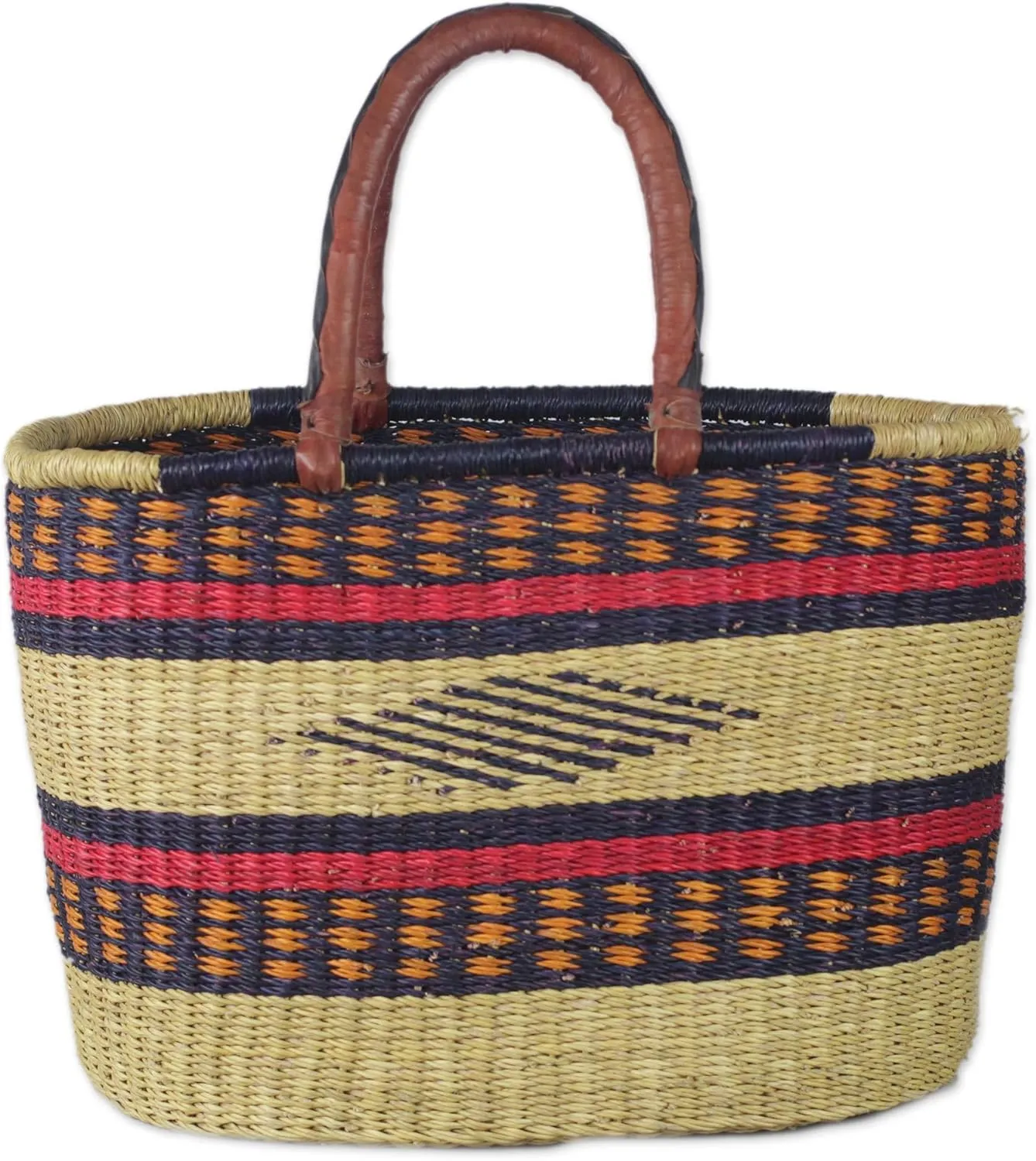 NOVICA Artisan Handmade Leather Accented Raffia Tote Bag Woven Natural Fiber with Strap Handbags Multicolor Patterned Materials Ghana ' Kite Basket'