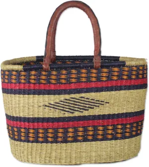NOVICA Artisan Handmade Leather Accented Raffia Tote Bag Woven Natural Fiber with Strap Handbags Multicolor Patterned Materials Ghana ' Kite Basket'