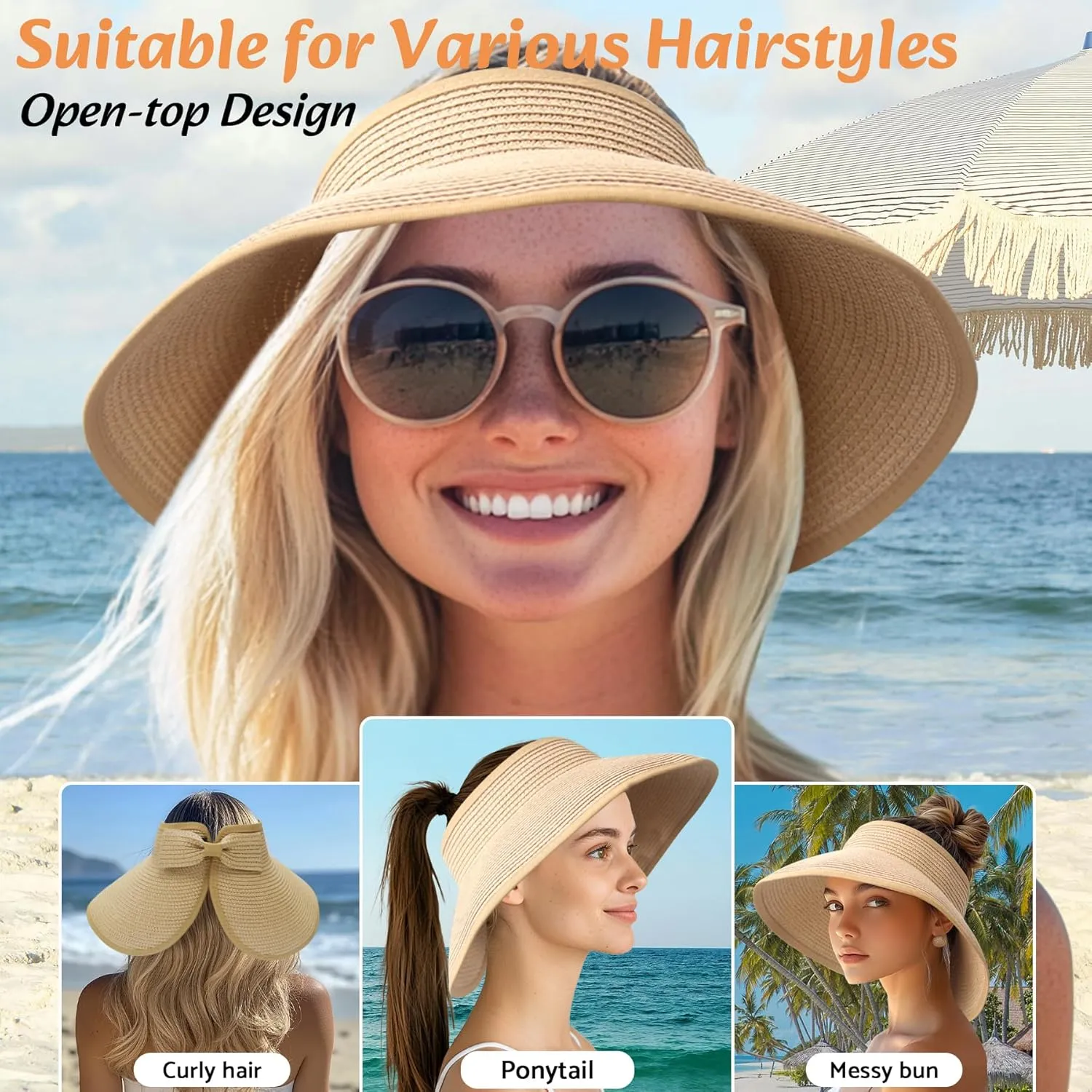 NPQQUAN Sun Visor Hats for Women Wide Brim Ponytail Straw Beach Hat Packable Foldable UPF 50  Floppy Travel Hats