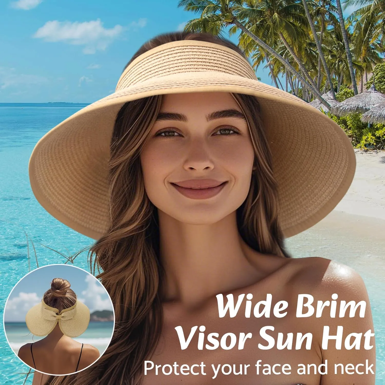 NPQQUAN Sun Visor Hats for Women Wide Brim Ponytail Straw Beach Hat Packable Foldable UPF 50  Floppy Travel Hats