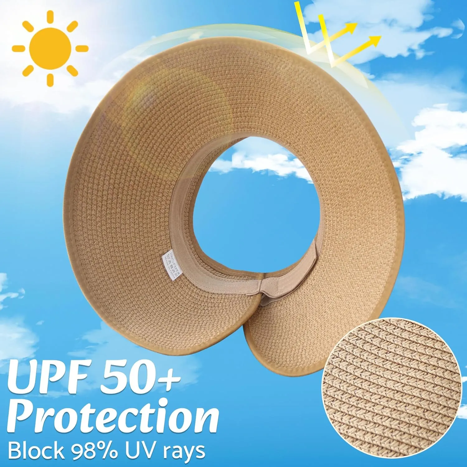 NPQQUAN Sun Visor Hats for Women Wide Brim Ponytail Straw Beach Hat Packable Foldable UPF 50  Floppy Travel Hats