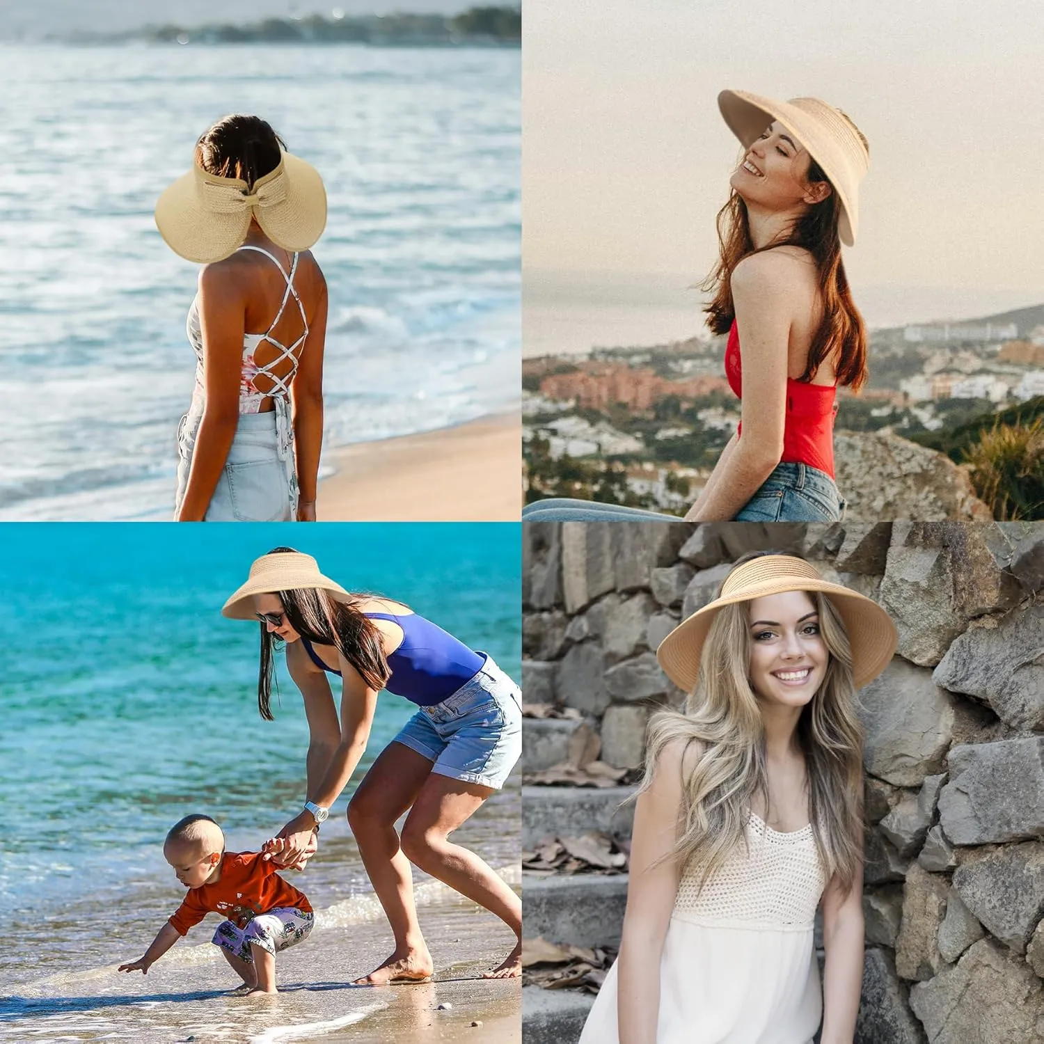 NPQQUAN Sun Visor Hats for Women Wide Brim Ponytail Straw Beach Hat Packable Foldable UPF 50  Floppy Travel Hats
