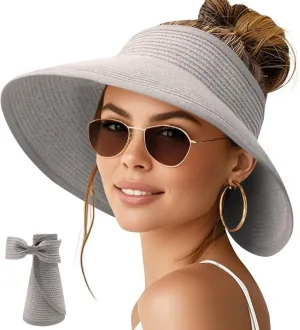 NPQQUAN Sun Visor Hats for Women Wide Brim Ponytail Straw Beach Hat Packable Foldable UPF 50  Floppy Travel Hats
