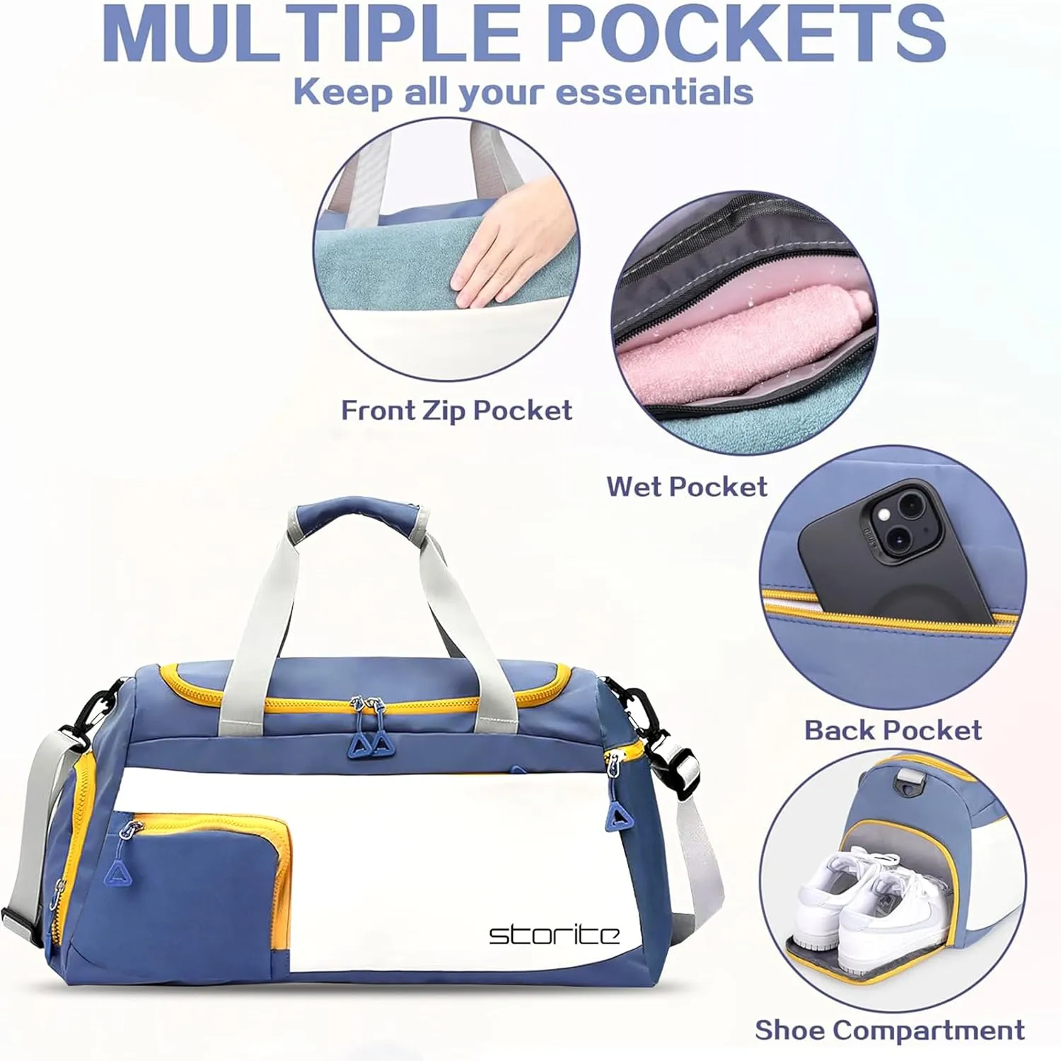 Nylon 48.5 cms Travel Duffle Bag for Women Muti- Pocket Sports Shoulder Duffel Bag with Wet Pocket & Shoe Compartment Weekender Overnight Travel Luggage Garment Bag, Blue, Style - 2