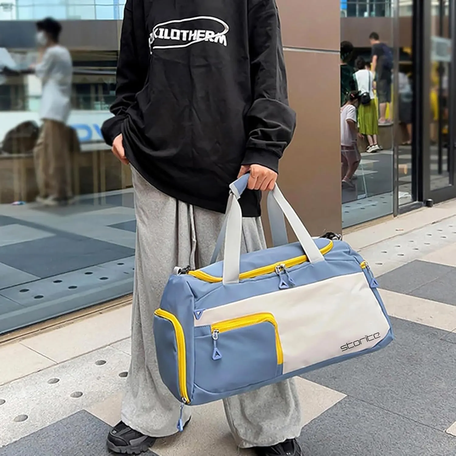 Nylon 48.5 cms Travel Duffle Bag for Women Muti- Pocket Sports Shoulder Duffel Bag with Wet Pocket & Shoe Compartment Weekender Overnight Travel Luggage Garment Bag, Blue, Style - 2