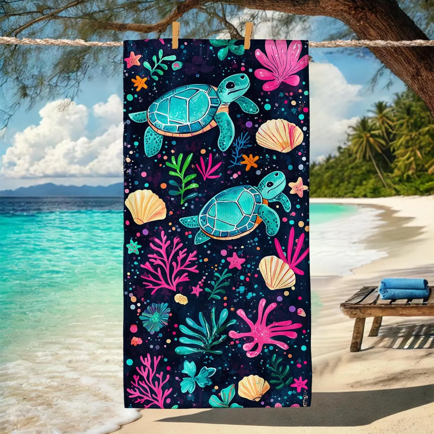 Ocean Inspired Microfiber Beach Towel Turquoise Sea Turtles Design, Quick Dry Absorbent Sand Free Lightweight Beach Blanket, Vacation Pool Picnic Essentials 62x31 Inch