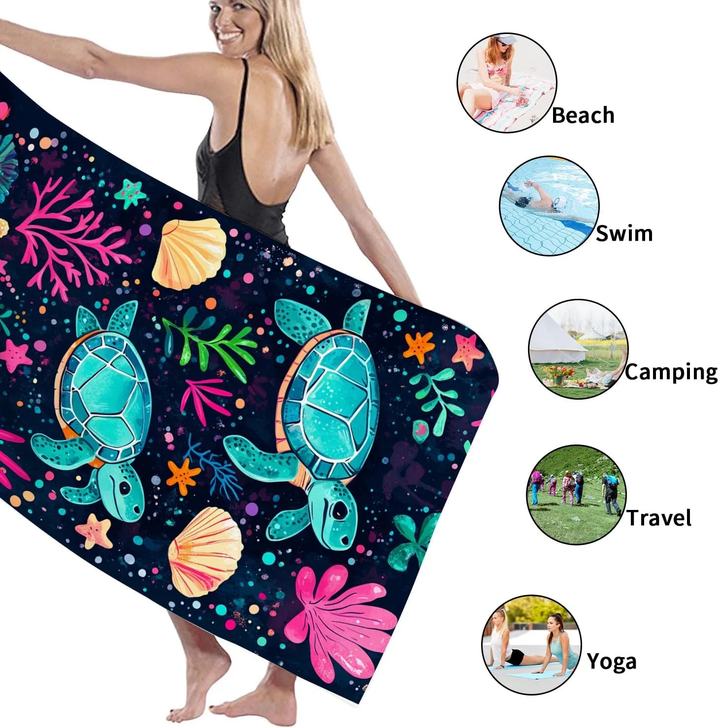Ocean Inspired Microfiber Beach Towel Turquoise Sea Turtles Design, Quick Dry Absorbent Sand Free Lightweight Beach Blanket, Vacation Pool Picnic Essentials 62x31 Inch