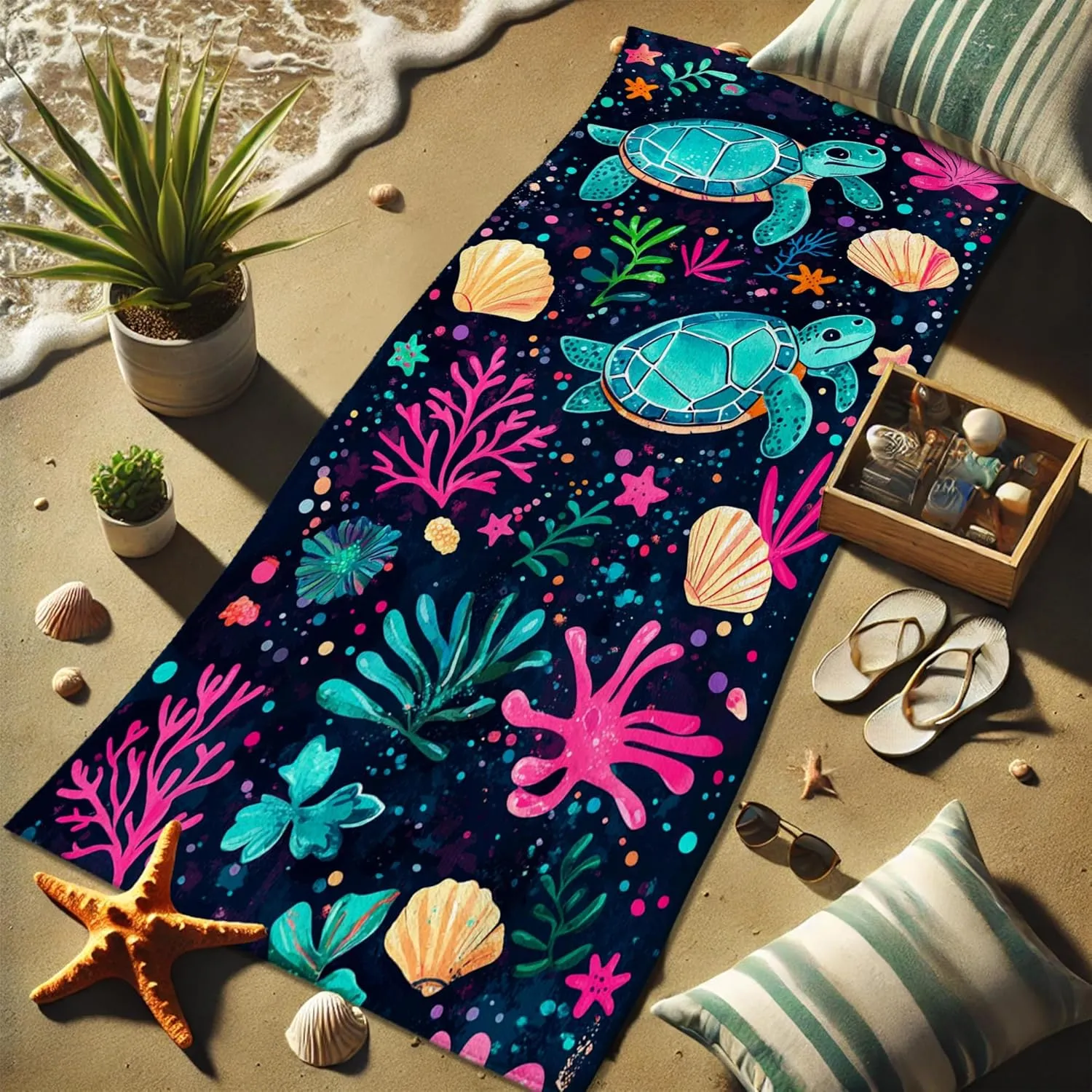 Ocean Inspired Microfiber Beach Towel Turquoise Sea Turtles Design, Quick Dry Absorbent Sand Free Lightweight Beach Blanket, Vacation Pool Picnic Essentials 62x31 Inch