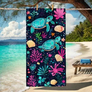 Ocean Inspired Microfiber Beach Towel Turquoise Sea Turtles Design, Quick Dry Absorbent Sand Free Lightweight Beach Blanket, Vacation Pool Picnic Essentials 62x31 Inch
