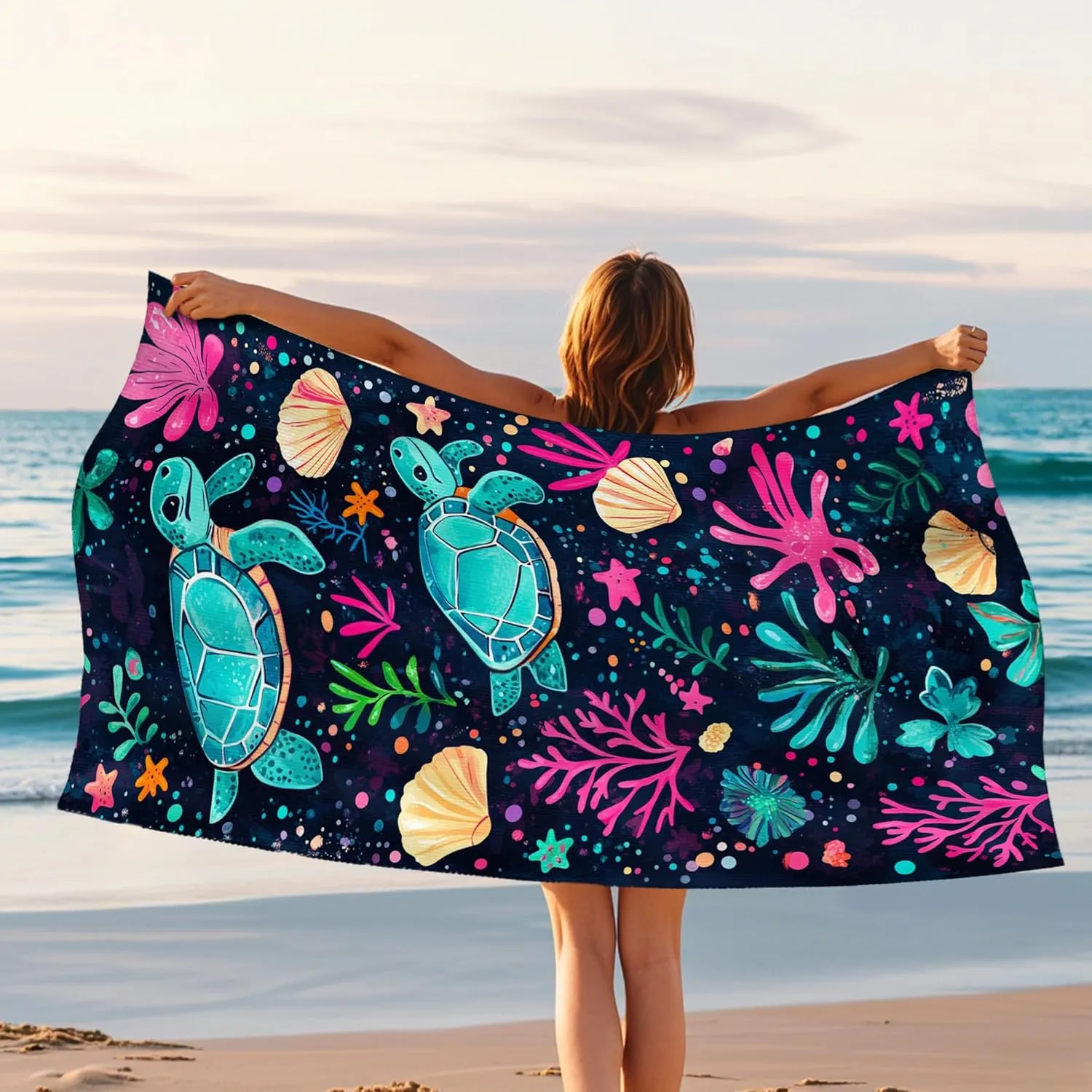 Ocean Inspired Microfiber Beach Towel Turquoise Sea Turtles Design, Quick Dry Absorbent Sand Free Lightweight Beach Blanket, Vacation Pool Picnic Essentials 62x31 Inch