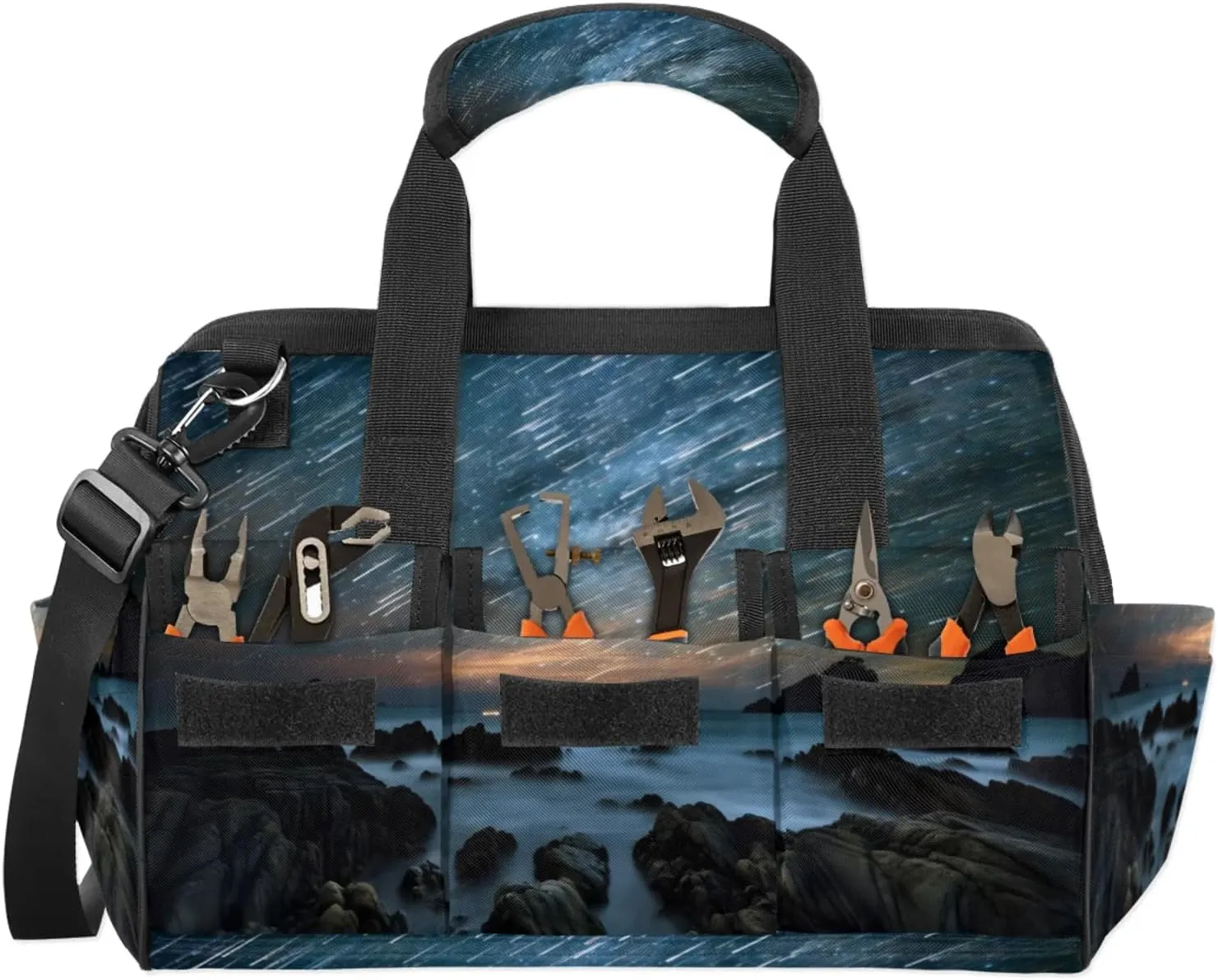 Ocean Landscape Meteor Shower Tool Bag Wide Mouth 14.8" Portable Tools Tote 14 Pockets Waterproof Heavy Duty Tool Organizer Adjustable Shoulder Strap for Men Women Garden Tools
