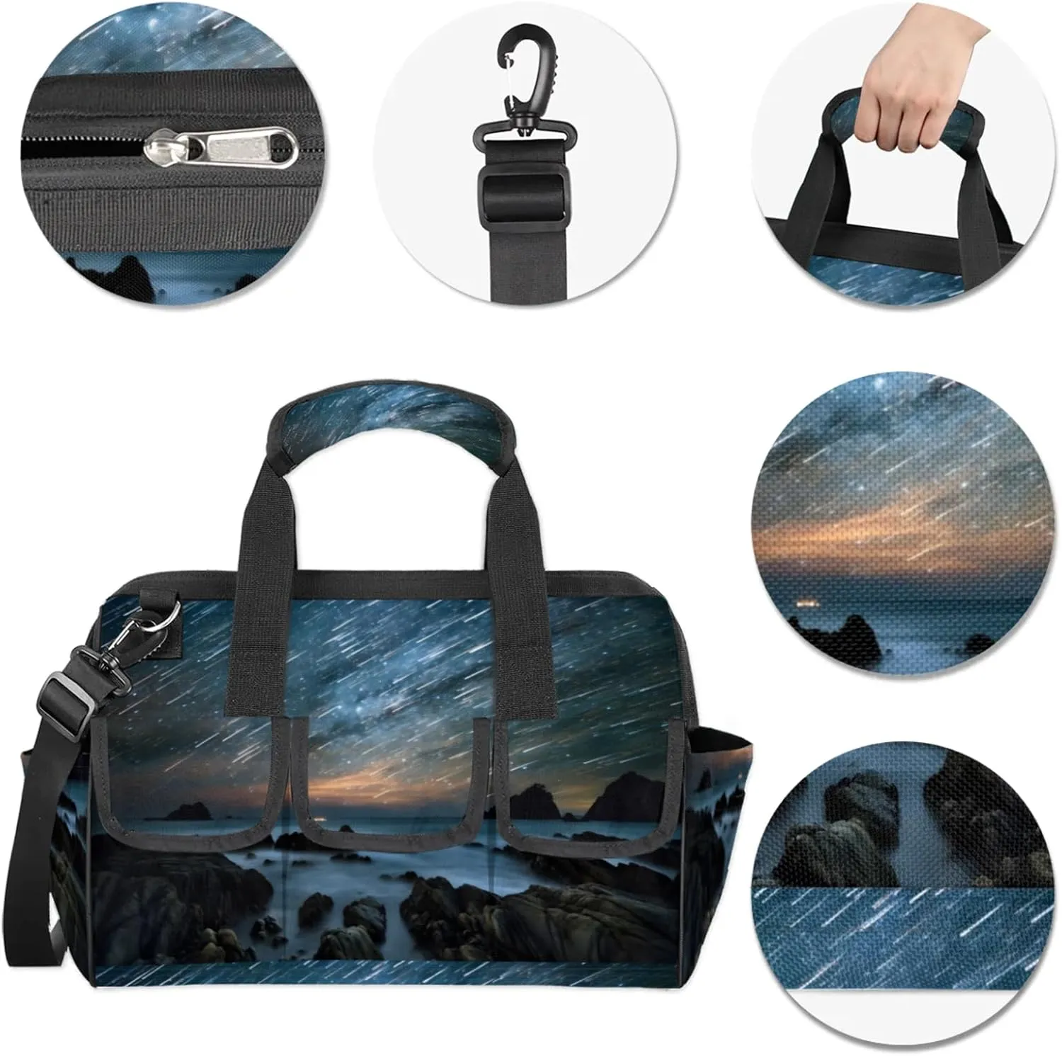 Ocean Landscape Meteor Shower Tool Bag Wide Mouth 14.8" Portable Tools Tote 14 Pockets Waterproof Heavy Duty Tool Organizer Adjustable Shoulder Strap for Men Women Garden Tools