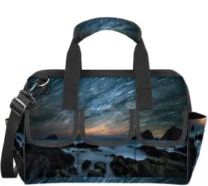 Ocean Landscape Meteor Shower Tool Bag Wide Mouth 14.8" Portable Tools Tote 14 Pockets Waterproof Heavy Duty Tool Organizer Adjustable Shoulder Strap for Men Women Garden Tools