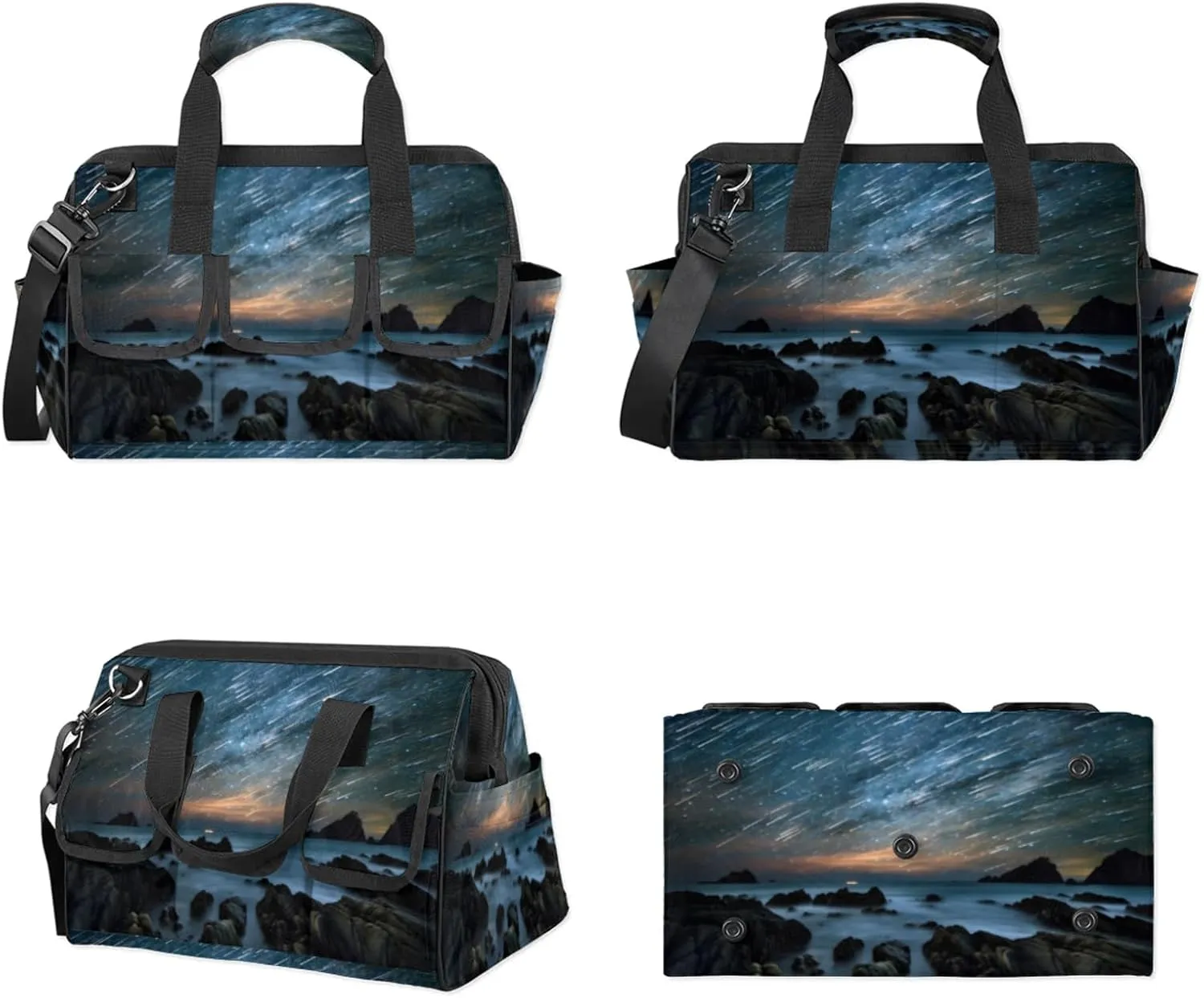 Ocean Landscape Meteor Shower Tool Bag Wide Mouth 14.8" Portable Tools Tote 14 Pockets Waterproof Heavy Duty Tool Organizer Adjustable Shoulder Strap for Men Women Garden Tools