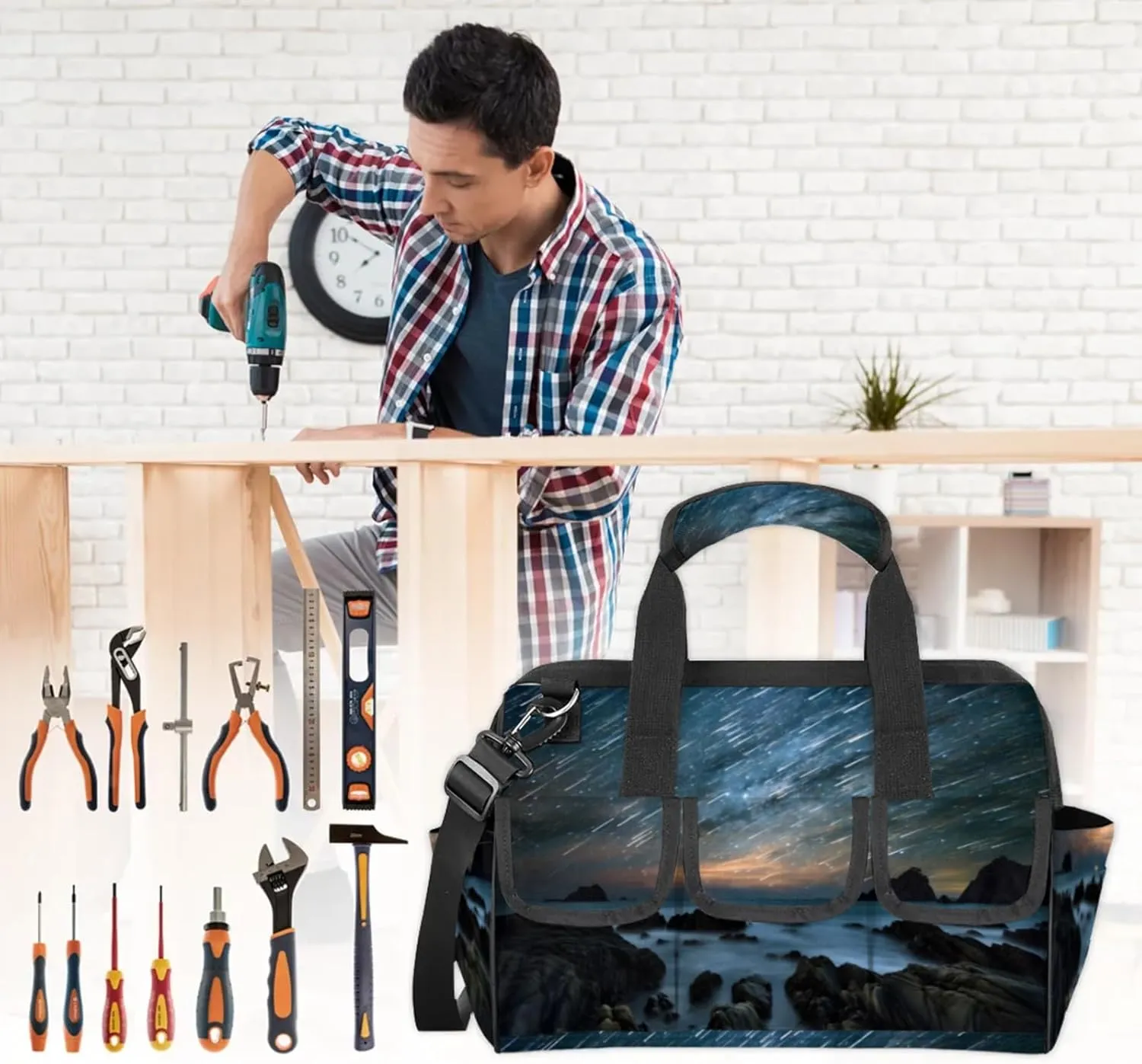 Ocean Landscape Meteor Shower Tool Bag Wide Mouth 14.8" Portable Tools Tote 14 Pockets Waterproof Heavy Duty Tool Organizer Adjustable Shoulder Strap for Men Women Garden Tools