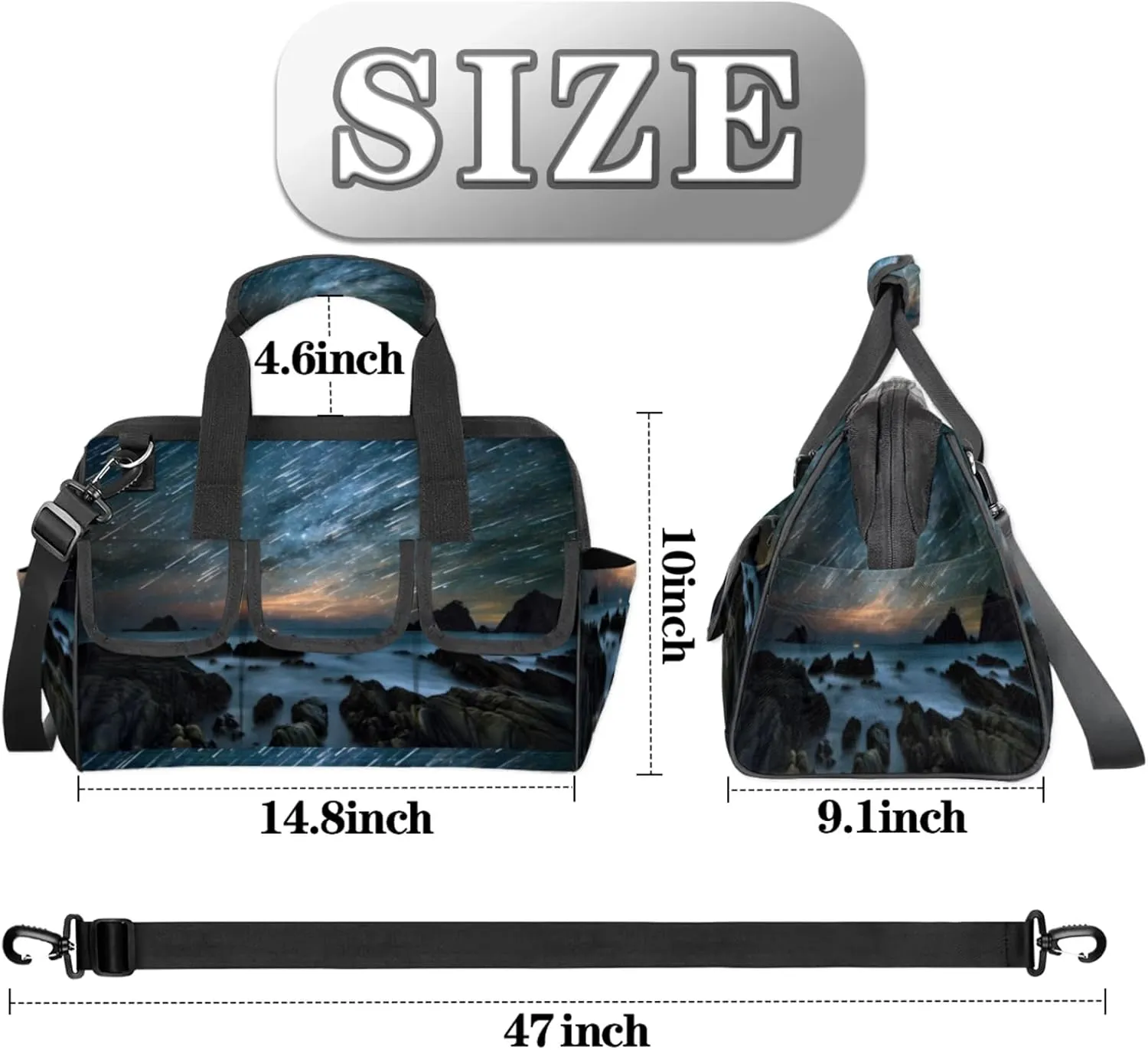 Ocean Landscape Meteor Shower Tool Bag Wide Mouth 14.8" Portable Tools Tote 14 Pockets Waterproof Heavy Duty Tool Organizer Adjustable Shoulder Strap for Men Women Garden Tools