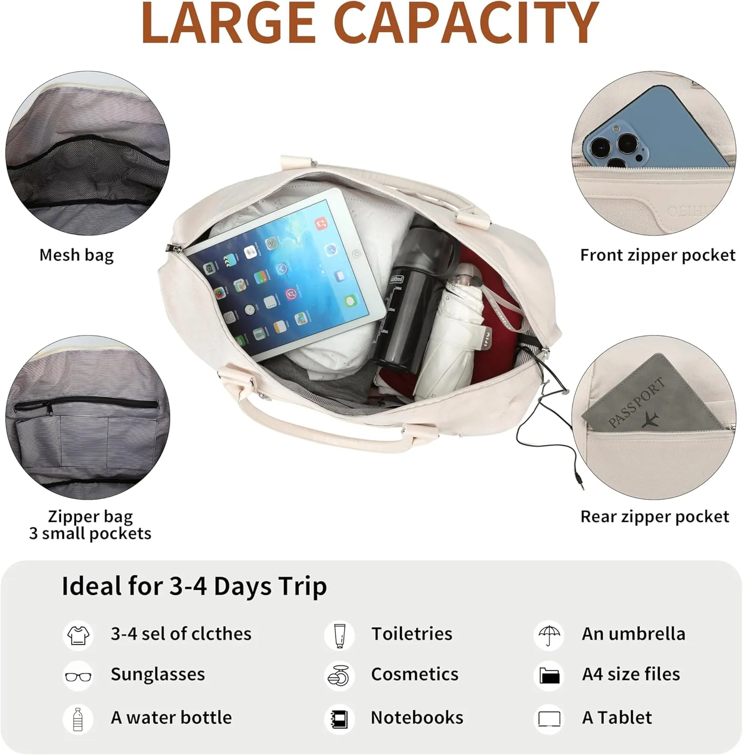 Oeihuivt Weekender Bags for Women - 21 Inch Large Travel Duffel Bag 2-Piece Set with Shoe Compartment, Heavy-Duty Canvas & Leather Carry On Overnight Tote (Airplane Approved)
