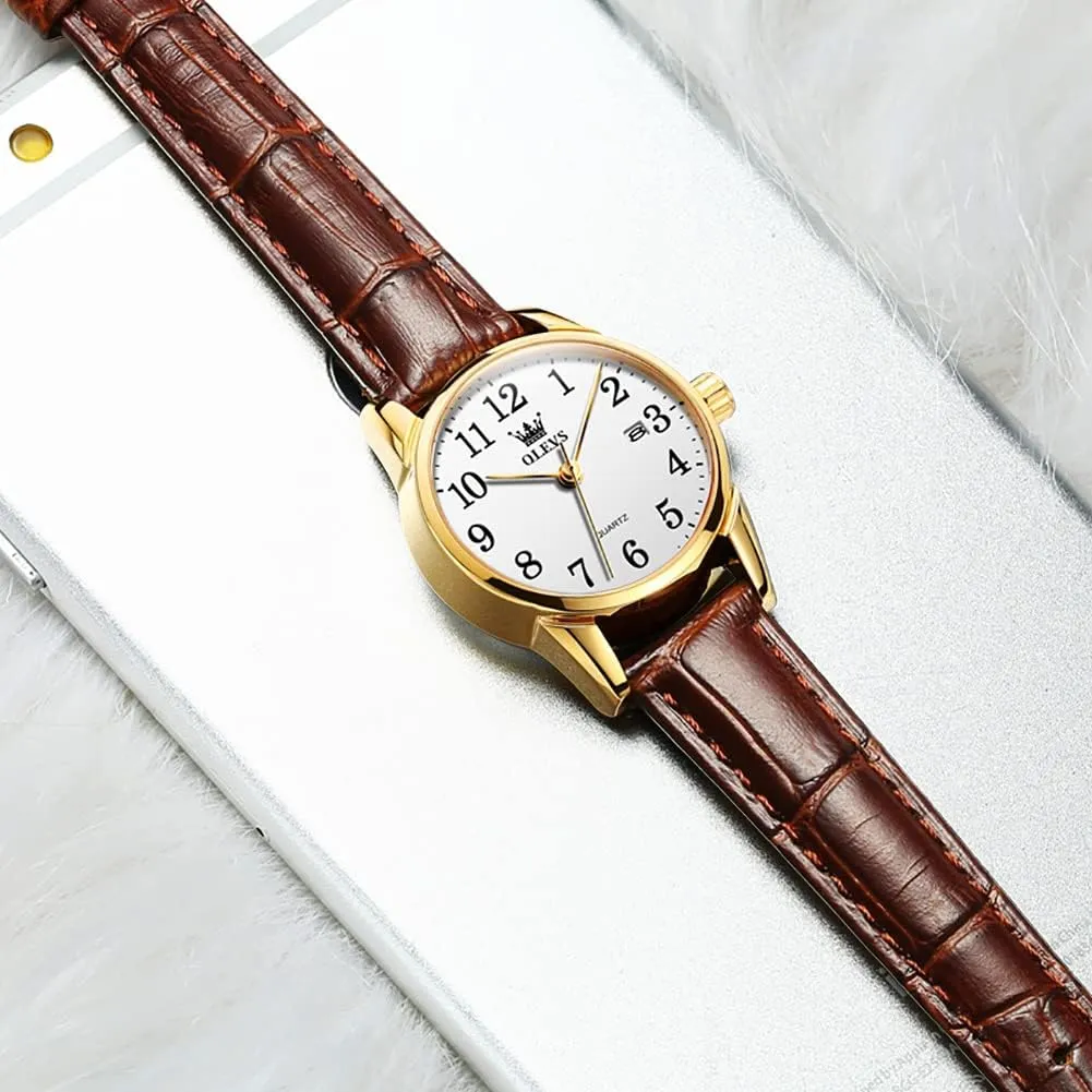 OLEVS Women's Business Dress Watches for Ladies Female Brown Leather Strap Small Face Dress Analog Quartz Wrist Watch with Calendar Day Date Waterproof Luminous Gift Classic Casual Retro Band