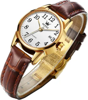 OLEVS Women's Business Dress Watches for Ladies Female Brown Leather Strap Small Face Dress Analog Quartz Wrist Watch with Calendar Day Date Waterproof Luminous Gift Classic Casual Retro Band