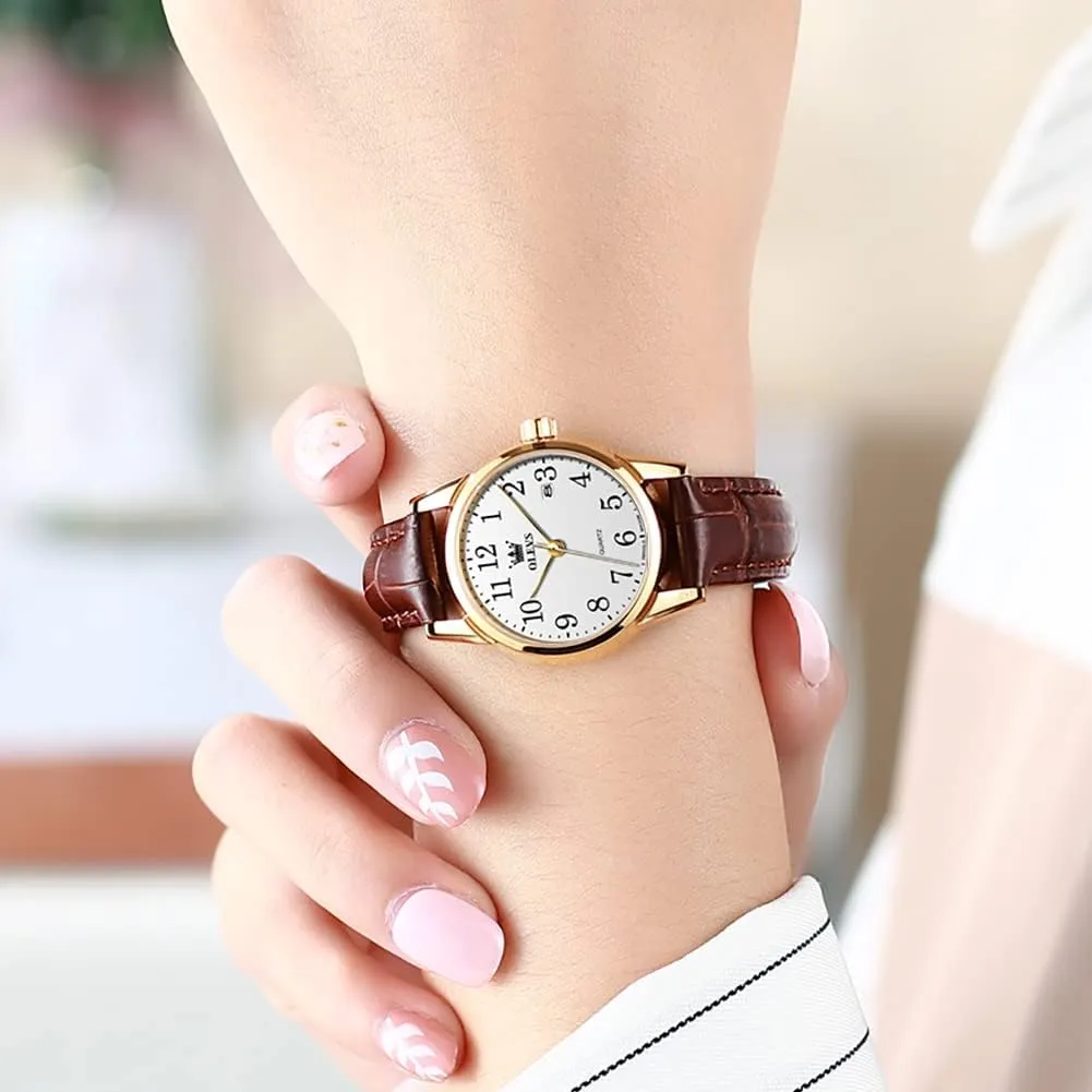 OLEVS Women's Business Dress Watches for Ladies Female Brown Leather Strap Small Face Dress Analog Quartz Wrist Watch with Calendar Day Date Waterproof Luminous Gift Classic Casual Retro Band