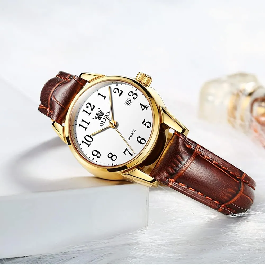 OLEVS Women's Business Dress Watches for Ladies Female Brown Leather Strap Small Face Dress Analog Quartz Wrist Watch with Calendar Day Date Waterproof Luminous Gift Classic Casual Retro Band