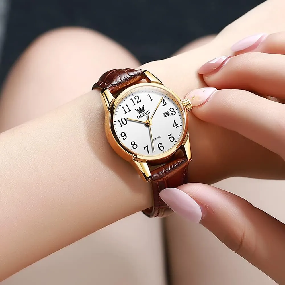 OLEVS Women's Business Dress Watches for Ladies Female Brown Leather Strap Small Face Dress Analog Quartz Wrist Watch with Calendar Day Date Waterproof Luminous Gift Classic Casual Retro Band