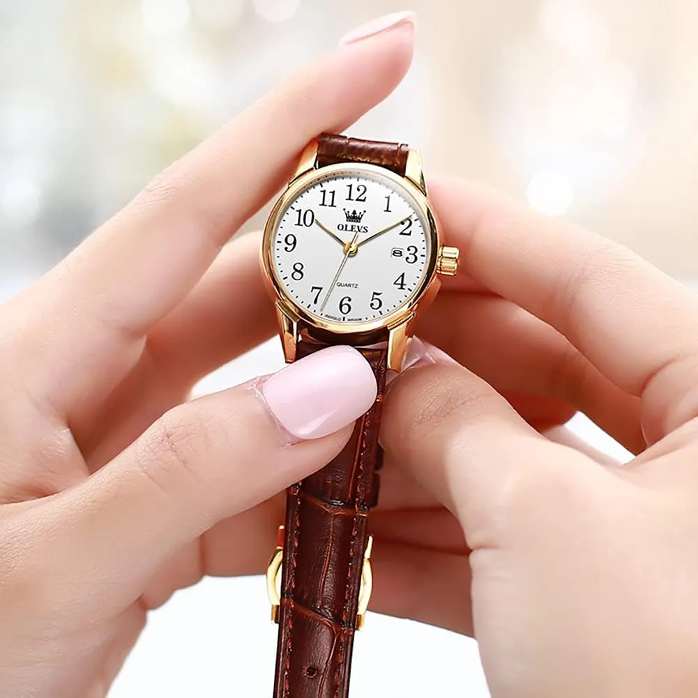 OLEVS Women's Business Dress Watches for Ladies Female Brown Leather Strap Small Face Dress Analog Quartz Wrist Watch with Calendar Day Date Waterproof Luminous Gift Classic Casual Retro Band