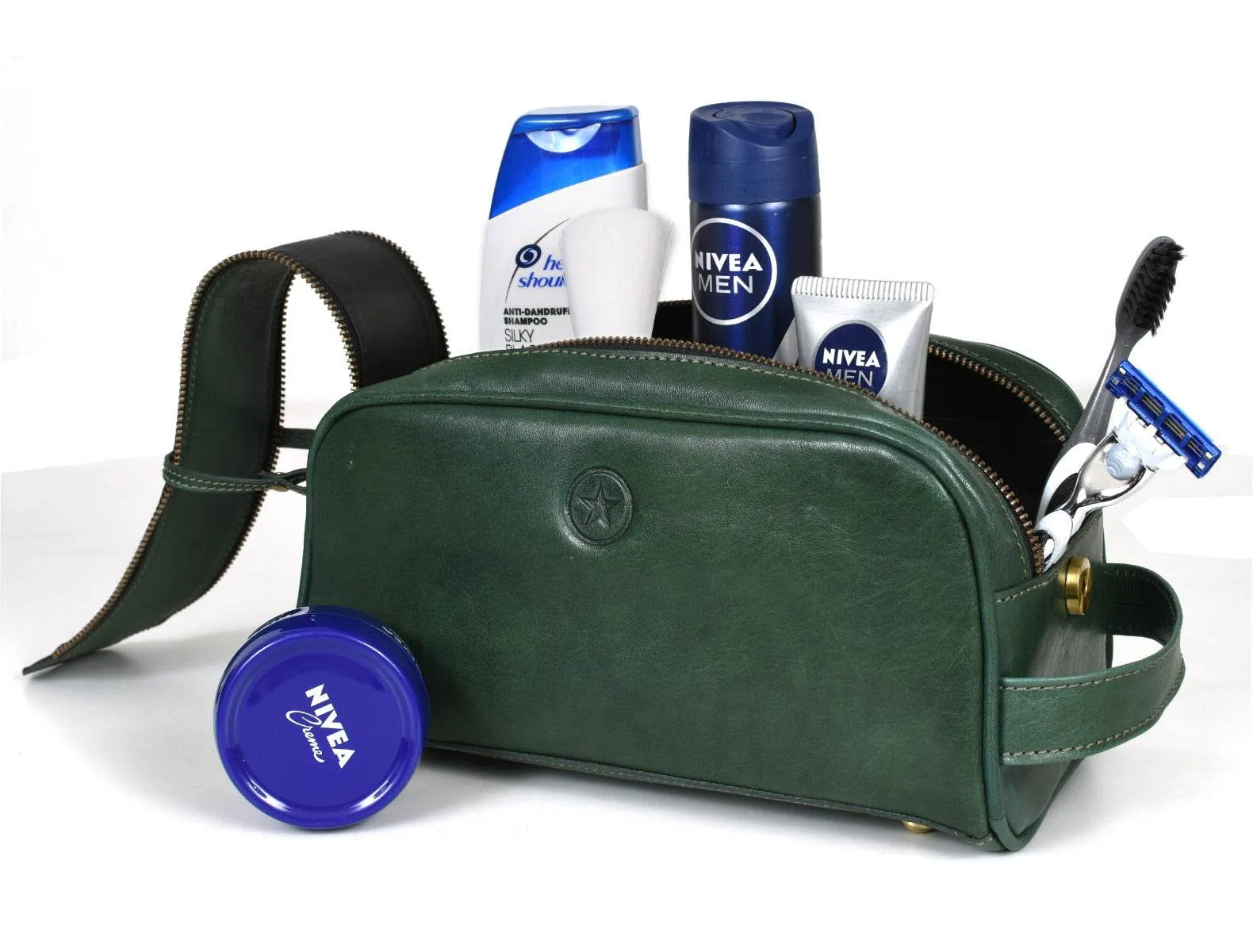Omaha Leather Toiletry Bag - Pine Green