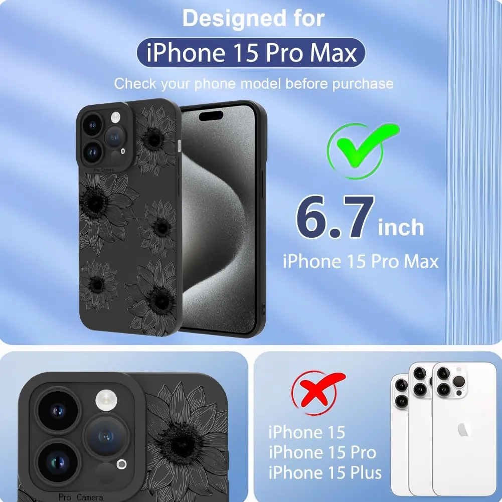 OOK Floral case for iPhone 15 Pro Max Case, Cute Sunflower Floral Blooms Design Soft TPU Shockproof Protective for Women Girls Phone Cover - Black Flower