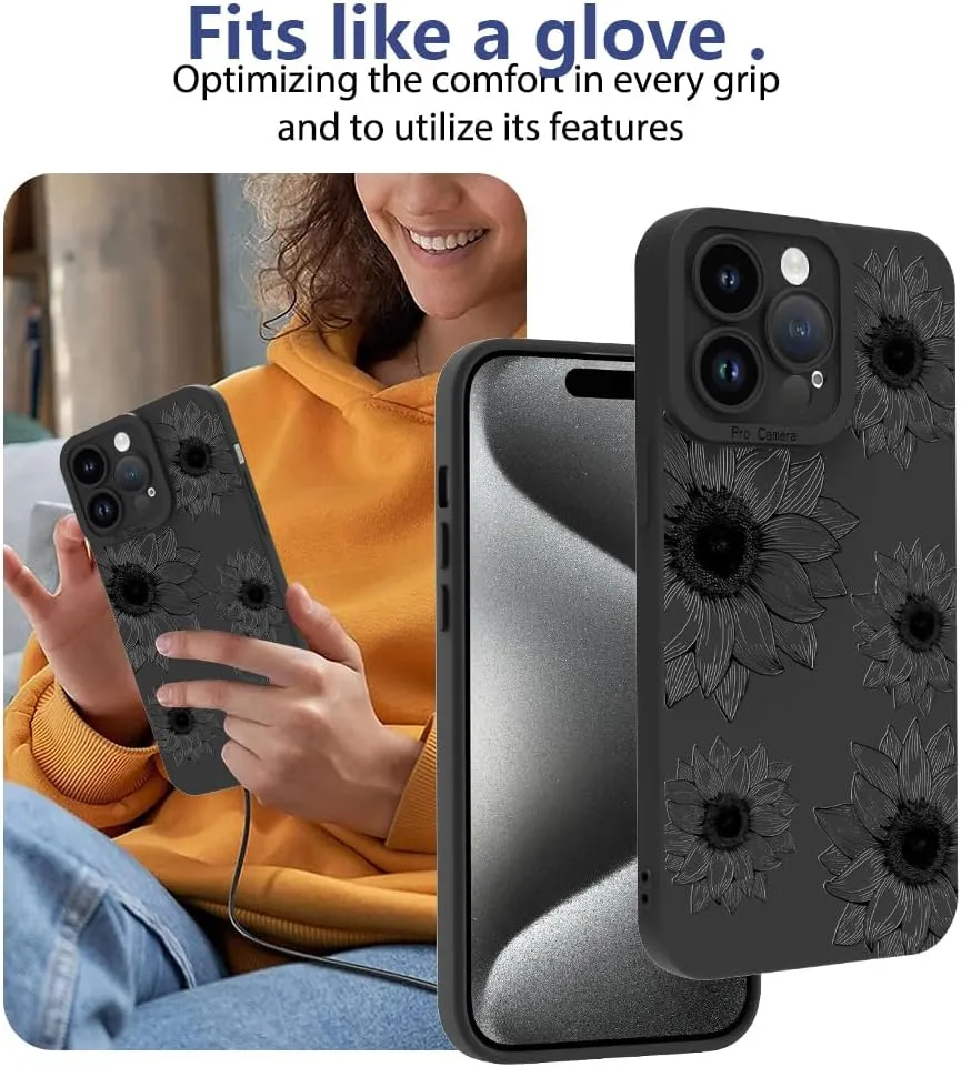 OOK Floral case for iPhone 15 Pro Max Case, Cute Sunflower Floral Blooms Design Soft TPU Shockproof Protective for Women Girls Phone Cover - Black Flower