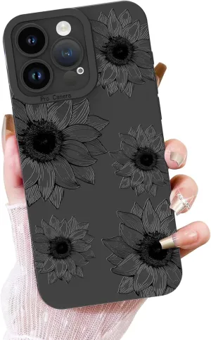 OOK Floral case for iPhone 15 Pro Max Case, Cute Sunflower Floral Blooms Design Soft TPU Shockproof Protective for Women Girls Phone Cover - Black Flower
