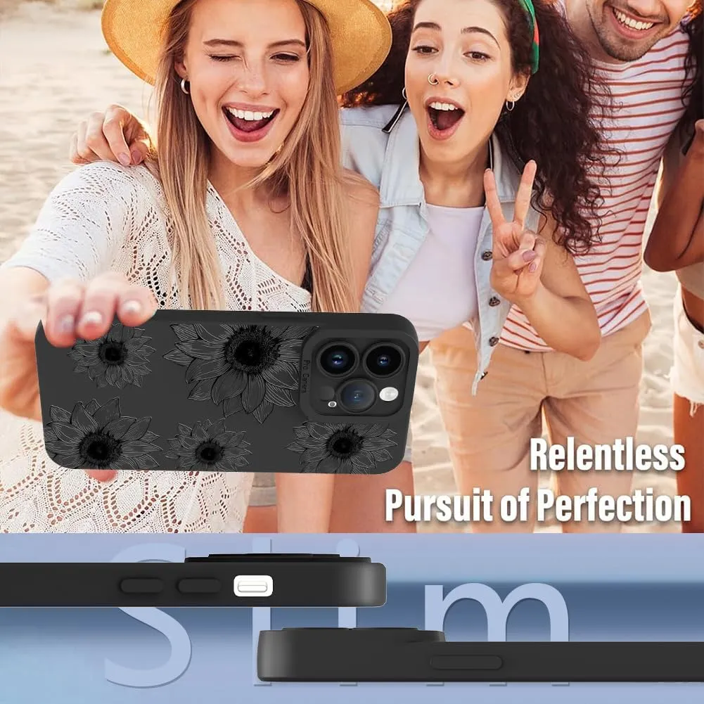 OOK Floral case for iPhone 15 Pro Max Case, Cute Sunflower Floral Blooms Design Soft TPU Shockproof Protective for Women Girls Phone Cover - Black Flower