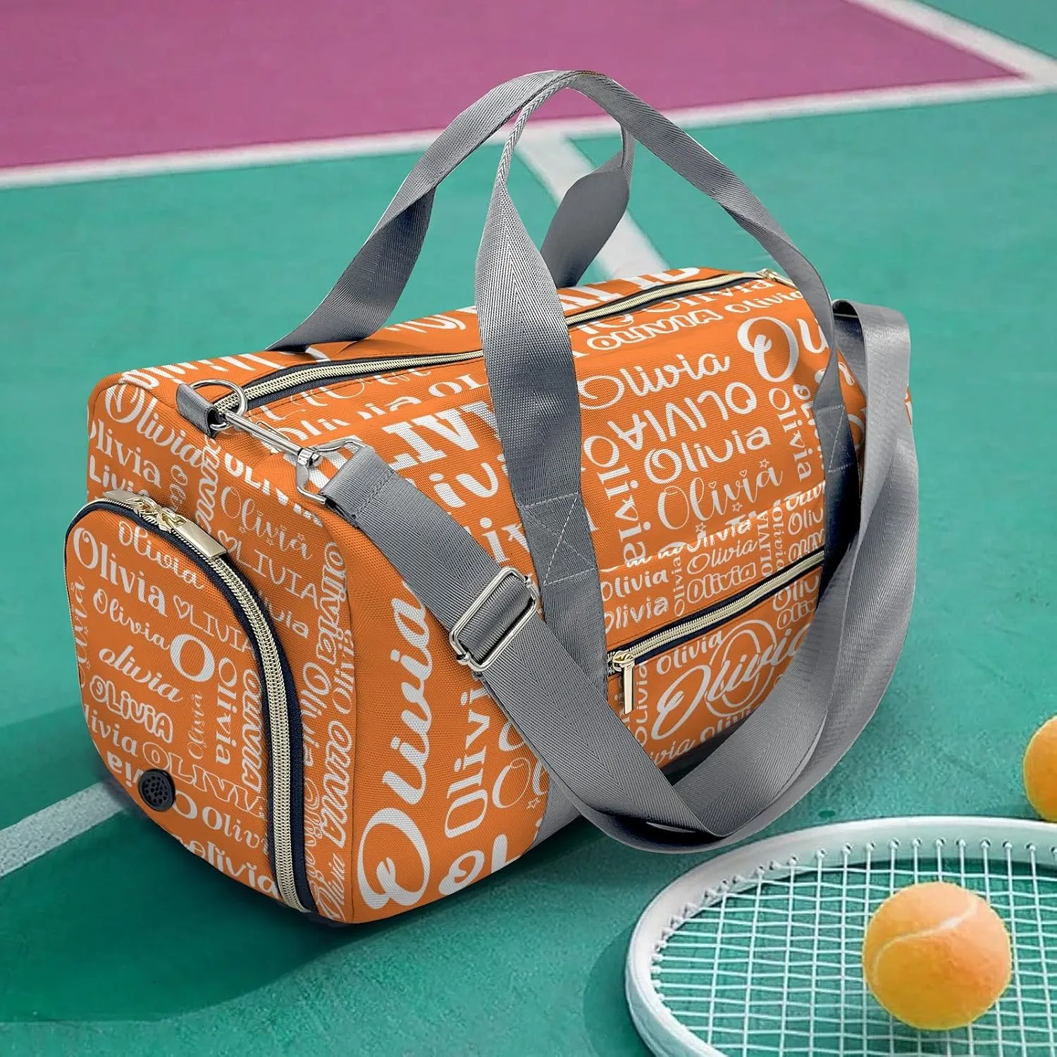 Orange Personalized Duffel Bag with Name Next Custom Travel Bag for Woman Men Sports Gym Dance Bags Wet Dry Pockets Shoe Compartment Overnight Weekend Bag