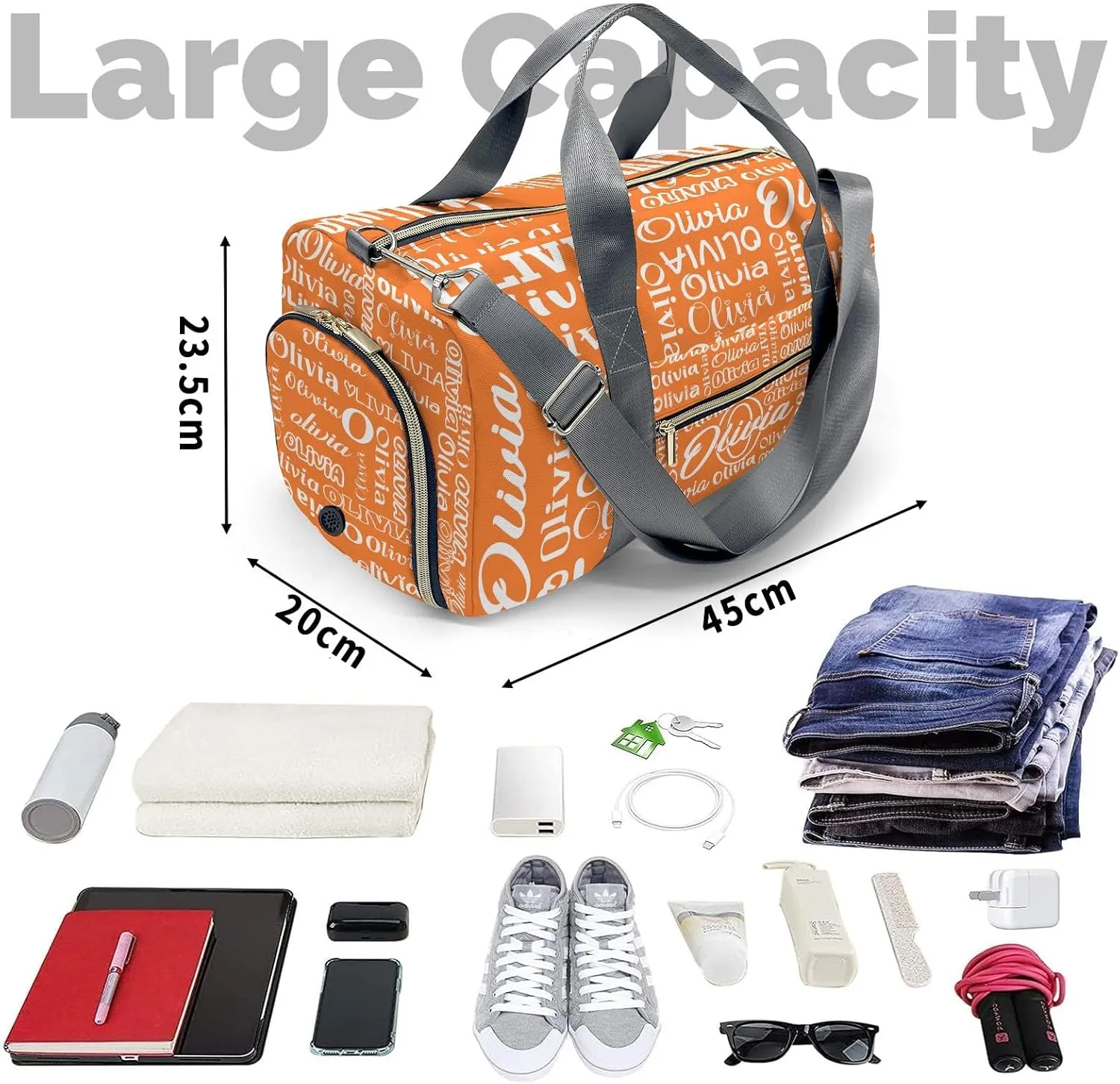 Orange Personalized Duffel Bag with Name Next Custom Travel Bag for Woman Men Sports Gym Dance Bags Wet Dry Pockets Shoe Compartment Overnight Weekend Bag