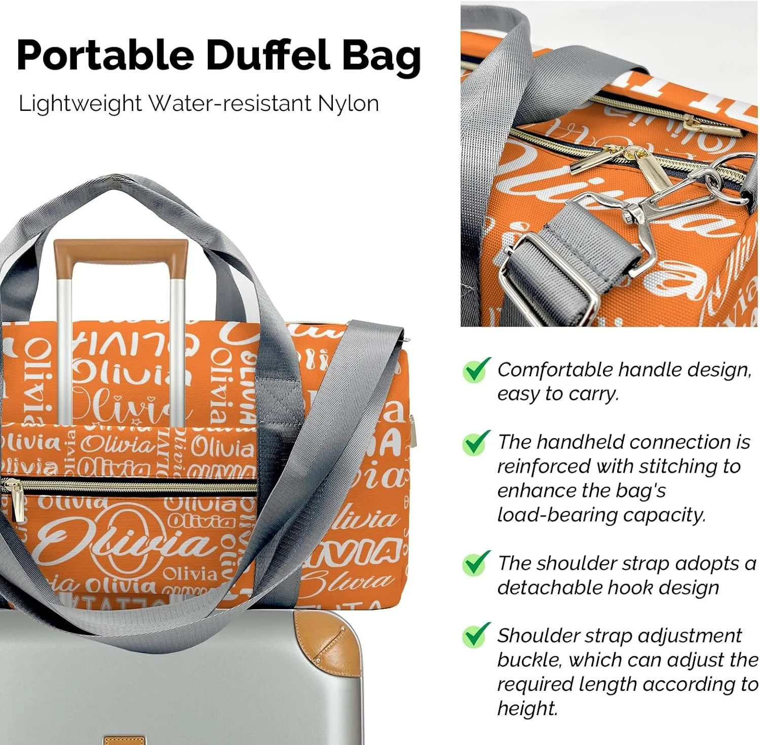 Orange Personalized Duffel Bag with Name Next Custom Travel Bag for Woman Men Sports Gym Dance Bags Wet Dry Pockets Shoe Compartment Overnight Weekend Bag