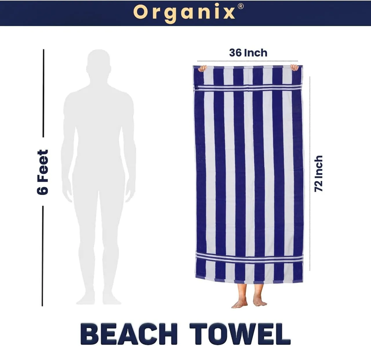 Organix Oversized Beach Towel 36"x72", Large Highly Absorbent 100% Ringspun Cotton Bathroom Cabana Striped Pool Towels 4 Pack, Adult Luxury Beach Towels, Quick Dry Lightweight - Navy