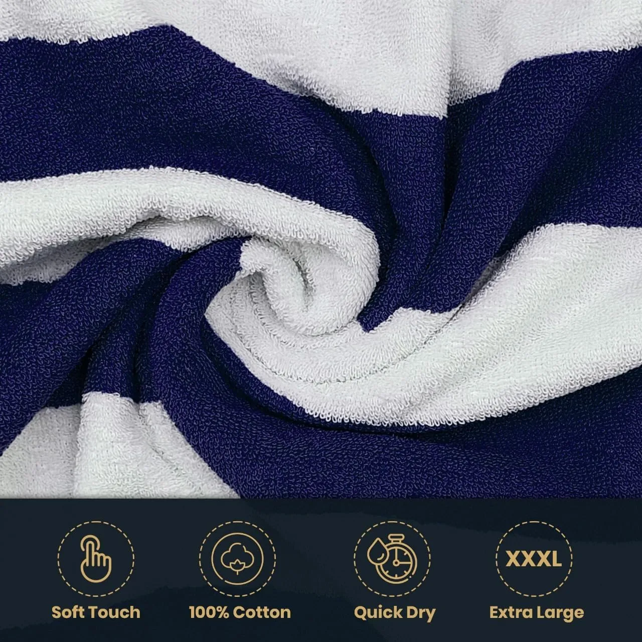 Organix Oversized Beach Towel 36"x72", Large Highly Absorbent 100% Ringspun Cotton Bathroom Cabana Striped Pool Towels 4 Pack, Adult Luxury Beach Towels, Quick Dry Lightweight - Navy