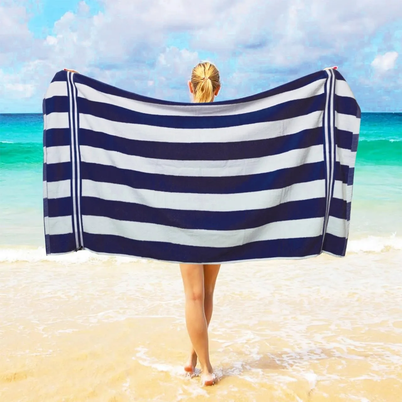 Organix Oversized Beach Towel 36"x72", Large Highly Absorbent 100% Ringspun Cotton Bathroom Cabana Striped Pool Towels 4 Pack, Adult Luxury Beach Towels, Quick Dry Lightweight - Navy