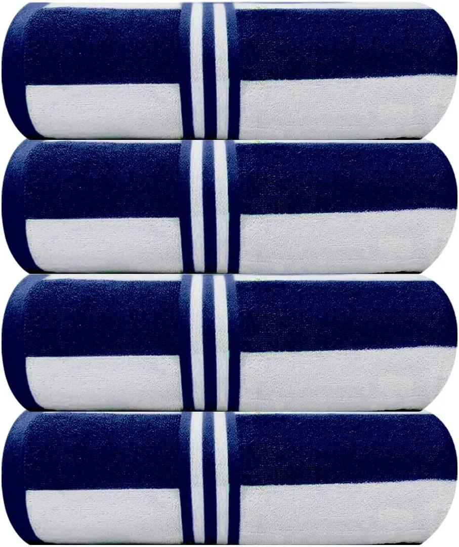 Organix Oversized Beach Towel 36"x72", Large Highly Absorbent 100% Ringspun Cotton Bathroom Cabana Striped Pool Towels 4 Pack, Adult Luxury Beach Towels, Quick Dry Lightweight - Navy