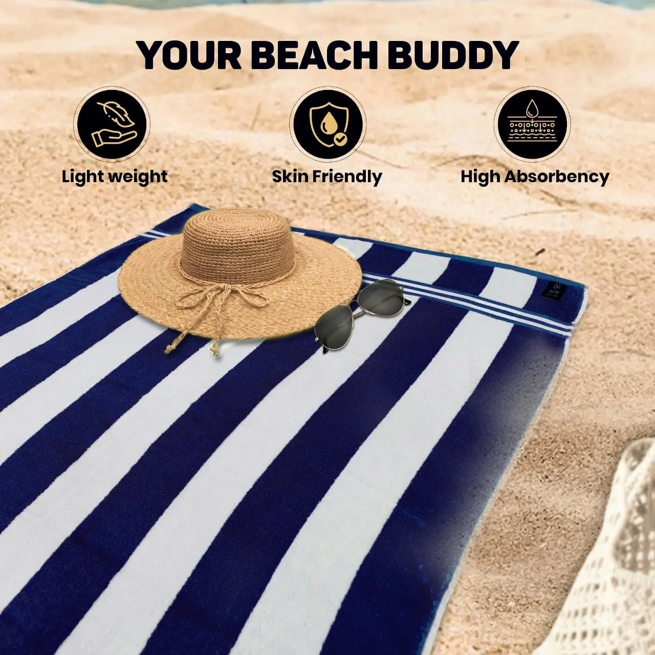 Organix Oversized Beach Towel 36"x72", Large Highly Absorbent 100% Ringspun Cotton Bathroom Cabana Striped Pool Towels 4 Pack, Adult Luxury Beach Towels, Quick Dry Lightweight - Navy