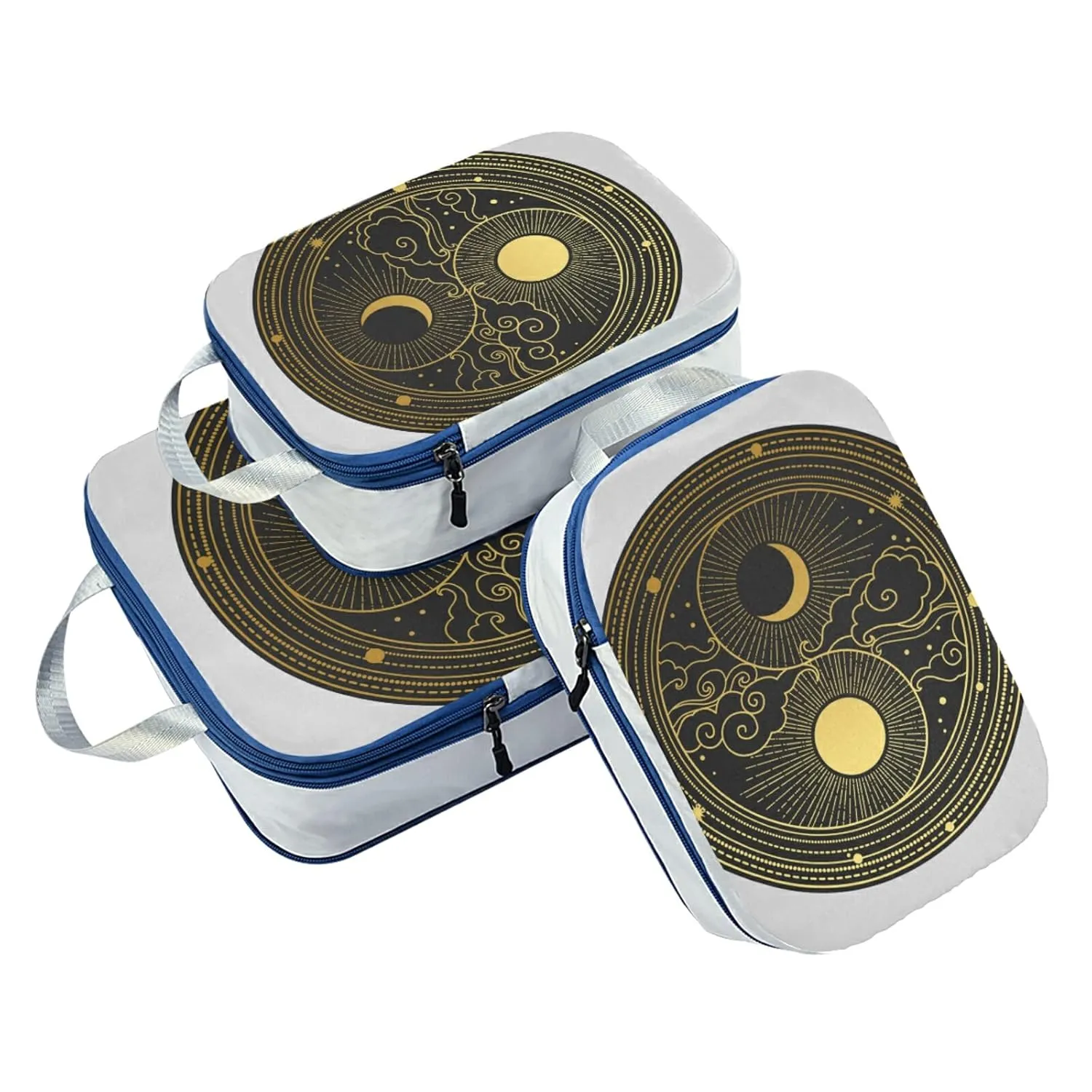 Oriental style Yin Yang Sun, Moon, Clouds, Stars Hand Drawn 3 Piece set Cubes Expandable Adjustable Luggage Packing Bags, Ultralight Organizer Accessories Travel Suitcase Compressible Bags