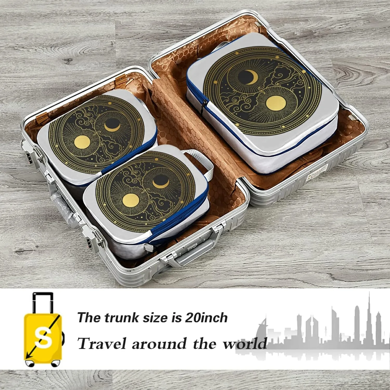Oriental style Yin Yang Sun, Moon, Clouds, Stars Hand Drawn 3 Piece set Cubes Expandable Adjustable Luggage Packing Bags, Ultralight Organizer Accessories Travel Suitcase Compressible Bags