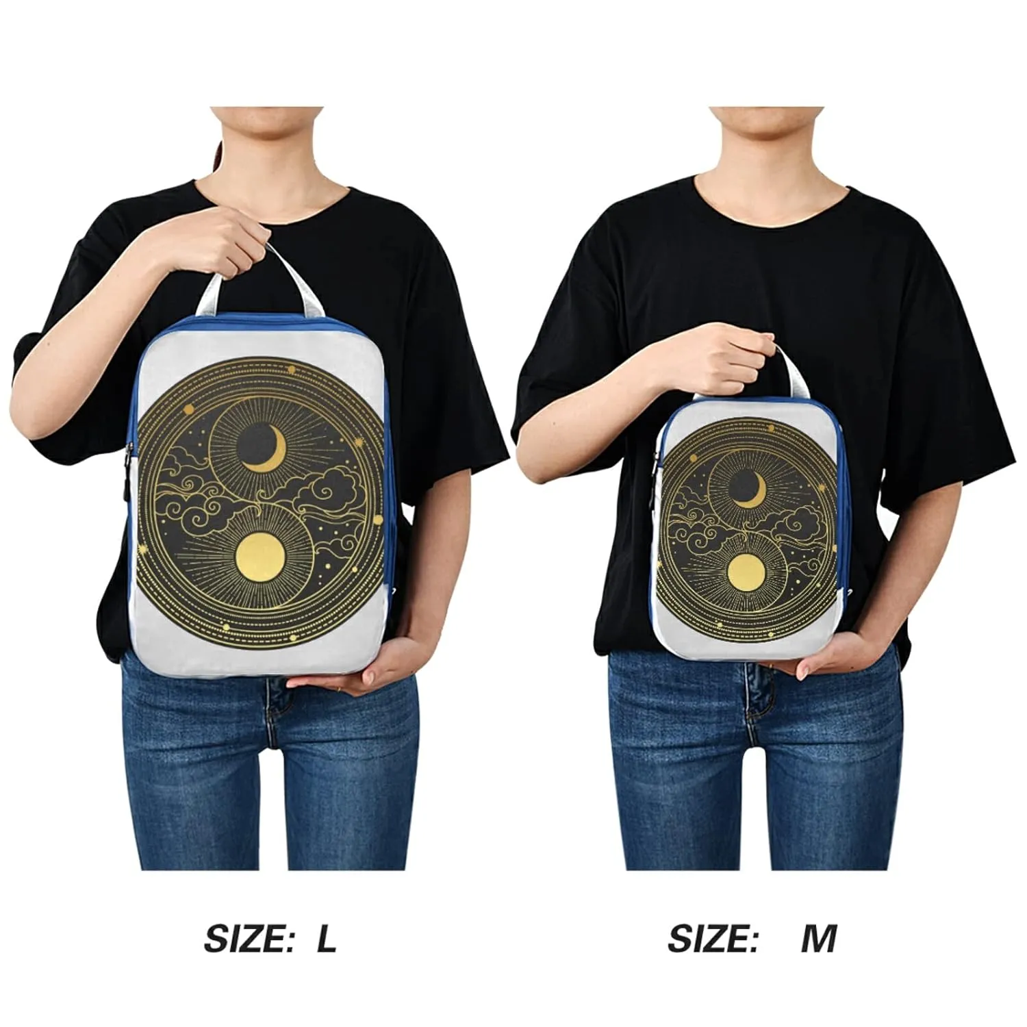 Oriental style Yin Yang Sun, Moon, Clouds, Stars Hand Drawn 3 Piece set Cubes Expandable Adjustable Luggage Packing Bags, Ultralight Organizer Accessories Travel Suitcase Compressible Bags