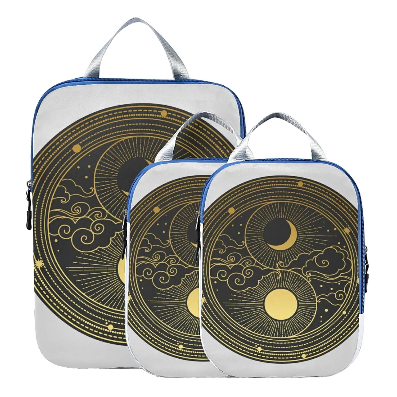 Oriental style Yin Yang Sun, Moon, Clouds, Stars Hand Drawn 3 Piece set Cubes Expandable Adjustable Luggage Packing Bags, Ultralight Organizer Accessories Travel Suitcase Compressible Bags