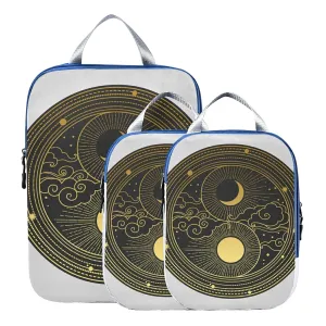 Oriental style Yin Yang Sun, Moon, Clouds, Stars Hand Drawn 3 Piece set Cubes Expandable Adjustable Luggage Packing Bags, Ultralight Organizer Accessories Travel Suitcase Compressible Bags