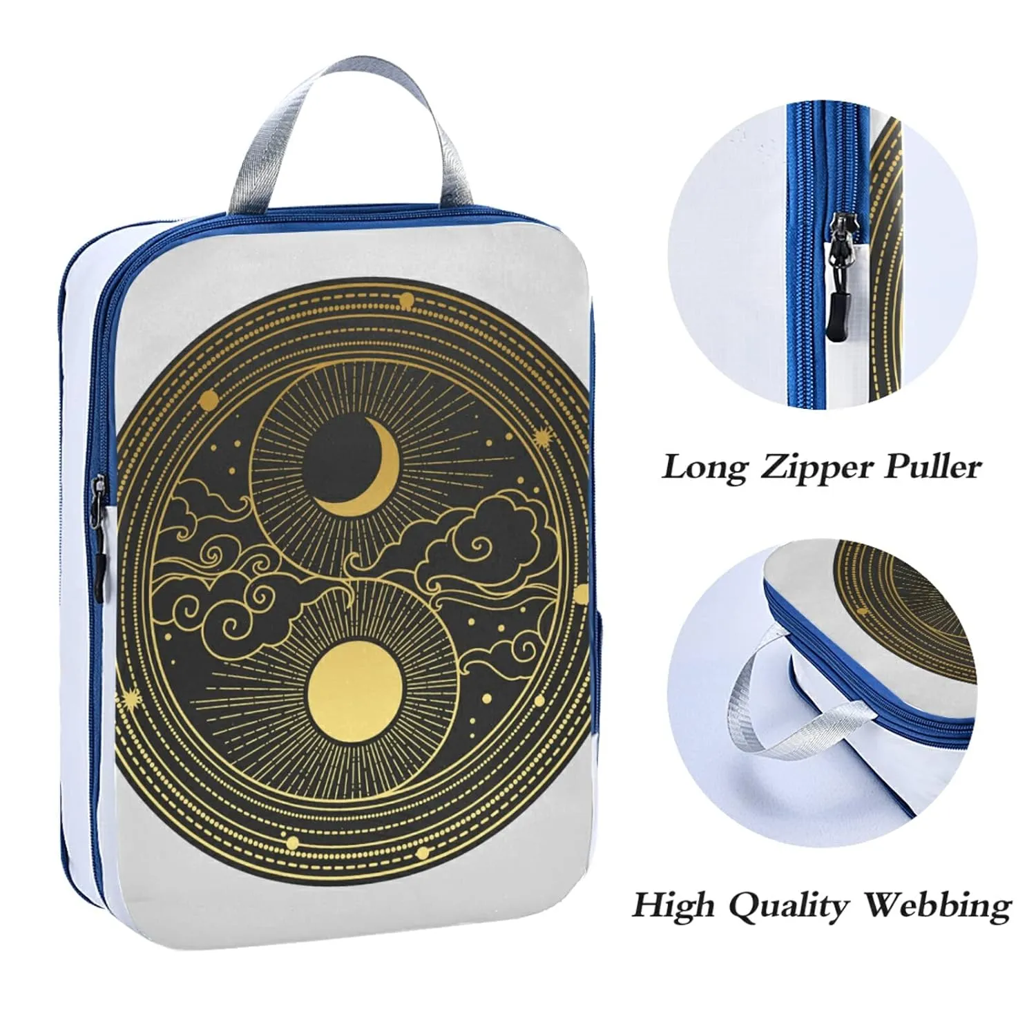 Oriental style Yin Yang Sun, Moon, Clouds, Stars Hand Drawn 3 Piece set Cubes Expandable Adjustable Luggage Packing Bags, Ultralight Organizer Accessories Travel Suitcase Compressible Bags
