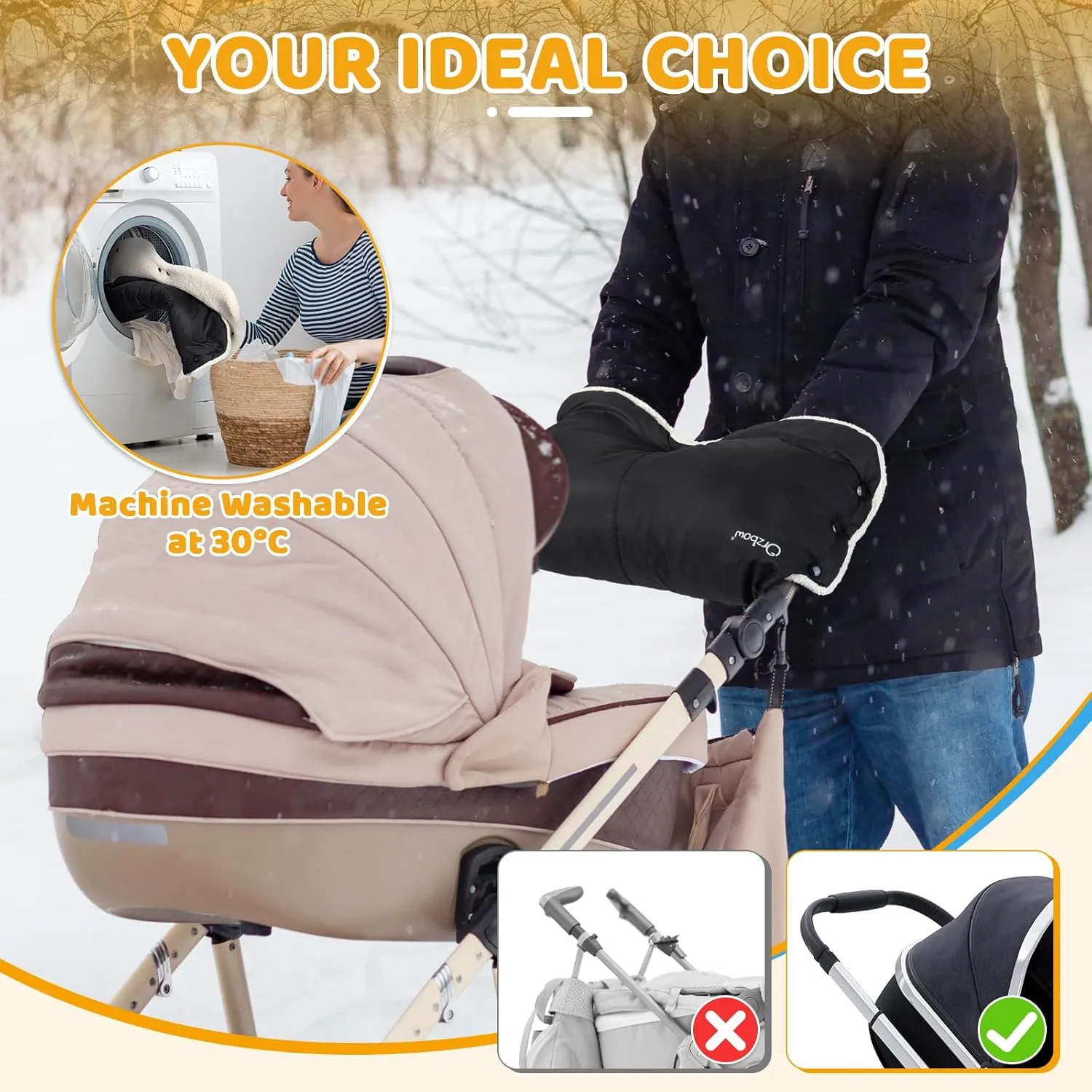 Orzbow Winter Stroller Gloves, Waterproof Mittens for Cold Weather With Berber Fleece, Universal Anti-freeze Hand Muffs, Easily Attaches to Stroller, for Parents and Caregivers, Cozy & Warm, Black