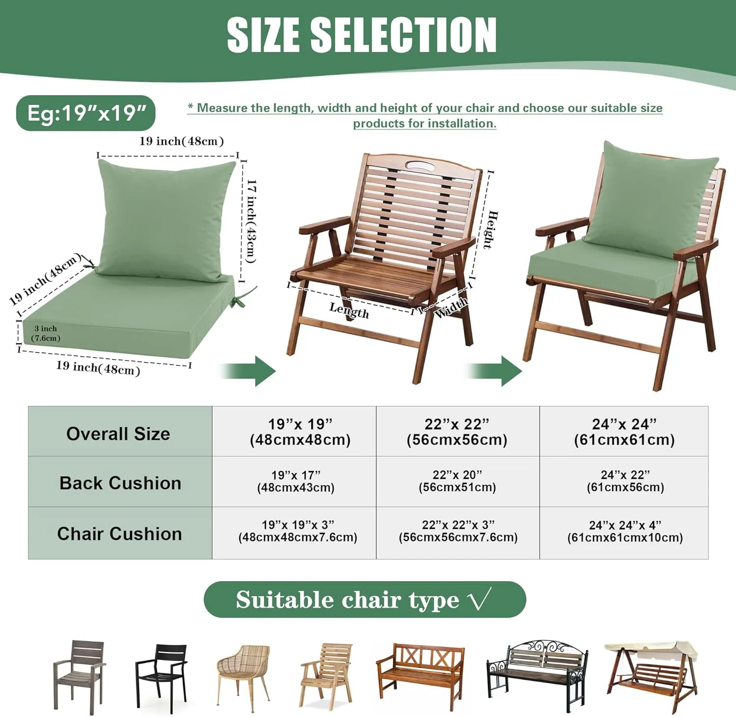 Outdoor Cushions for Patio Furniture, Double-Sided Waterproof Backrest and Deep Seat Cushion Set with Removable Cover, 22 x 22 Inch, Sage Green, 1 Set